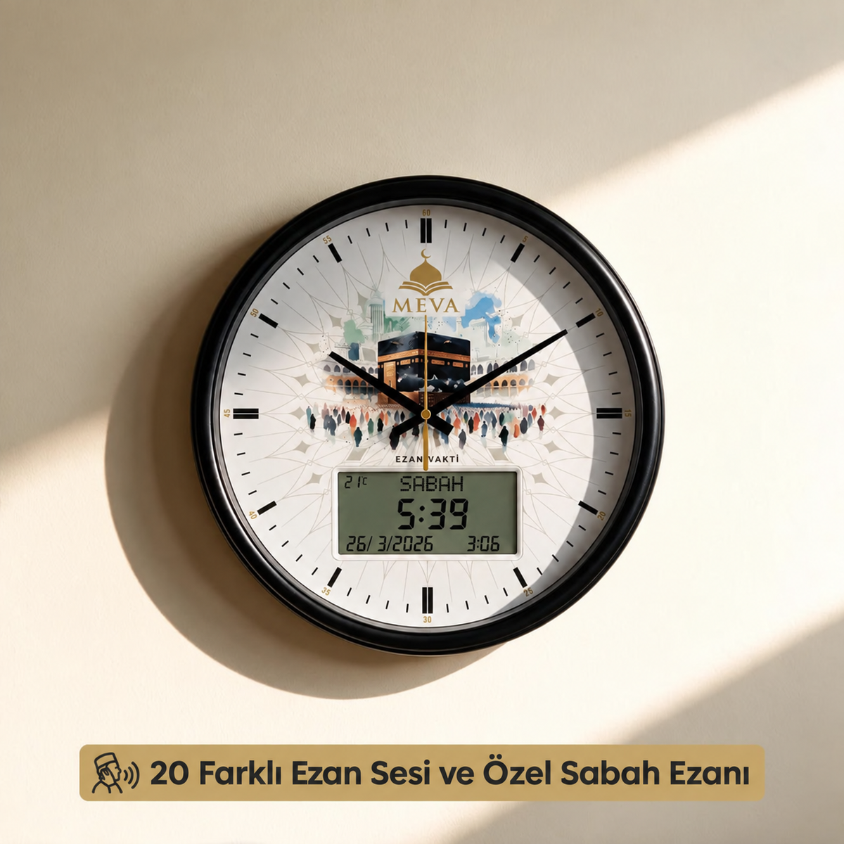 MEVA Ezan Saati – Otomatik Vakit Uyarılı Kabe Temalı Masa & Duvar Saati